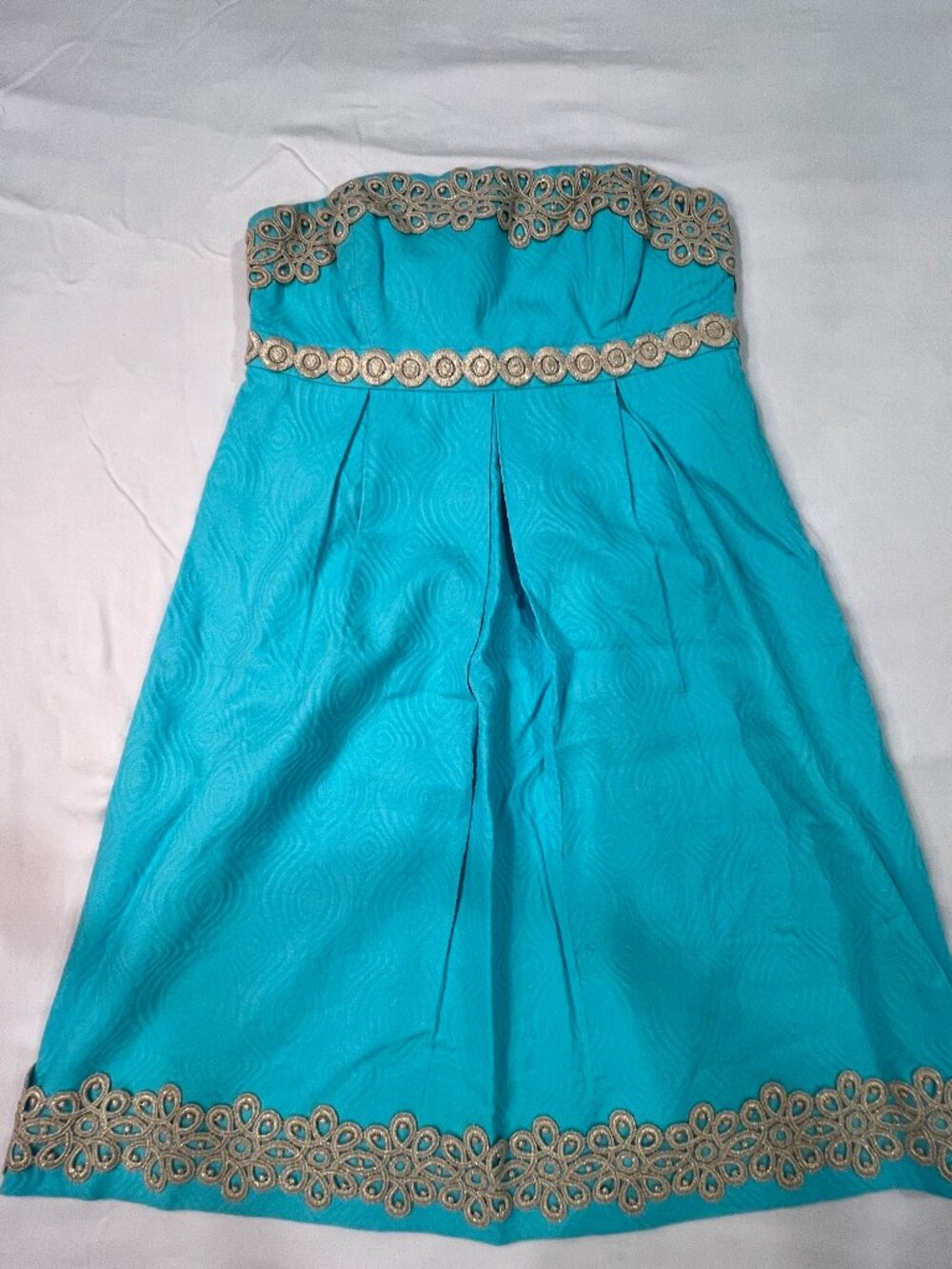 Lilly Pulitzer Betsey Dress Size 4 Shorely Blue Gold Lace Strapless Jacquard